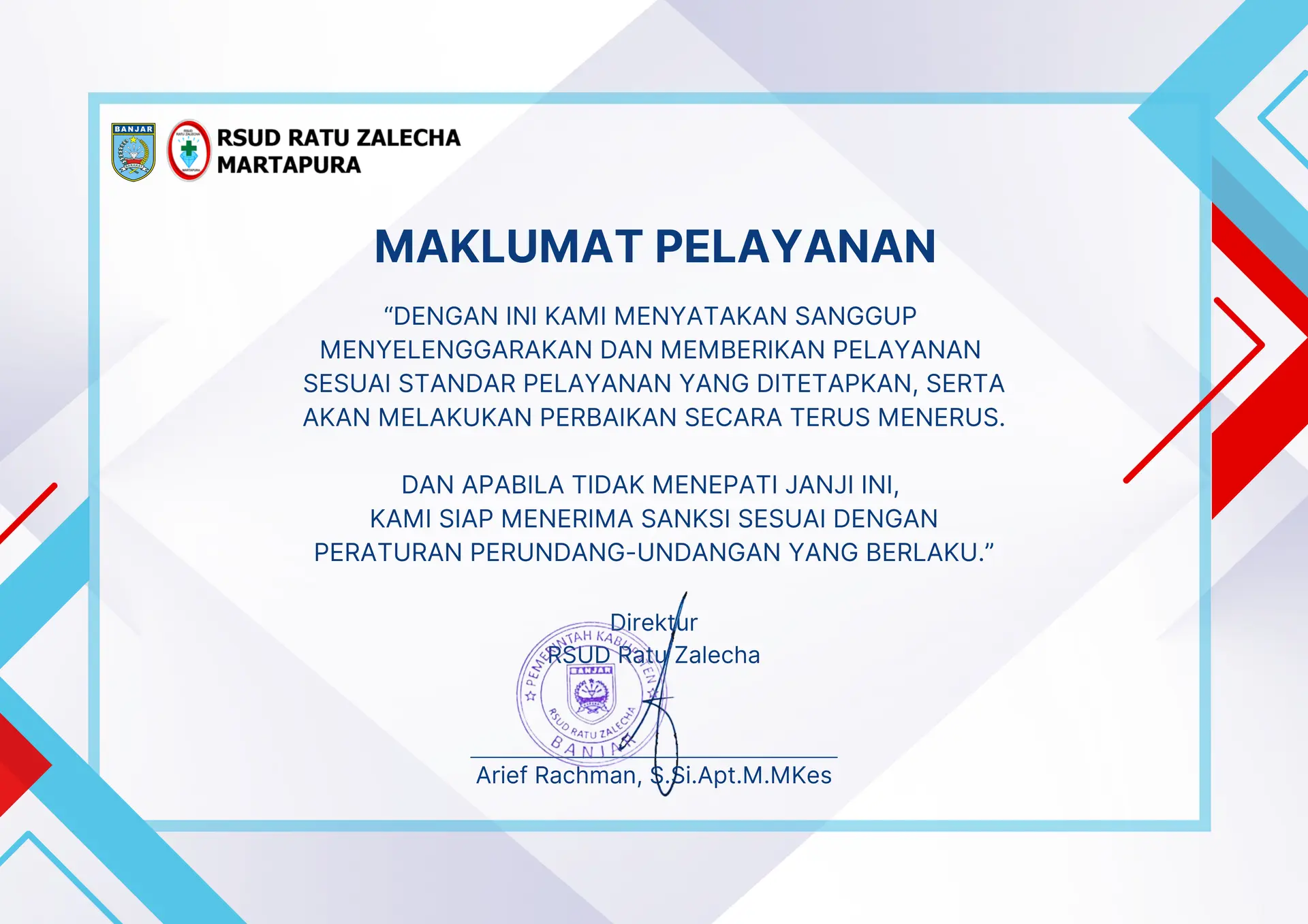 Maklumat Pelayanan RSUD Ratu Zalecha